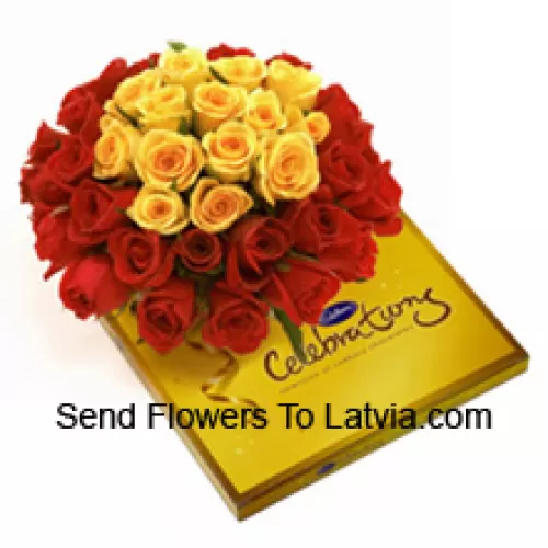Bunch Of 24 Red And 11 Yellow Roses With Seasonal Fillers Along With A Beautiful Box Of Cadbury Chocolates