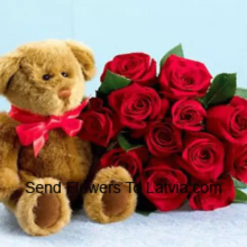 Bunch Of 11 Red Roses With Seasonal Fillers And A Cute Brown Teddy Bear