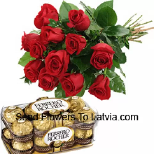 Bunch Of 11 Red Roses With Seasonal Fillers Accompanied With A Box Of 16 Pcs Ferrero Rochers
