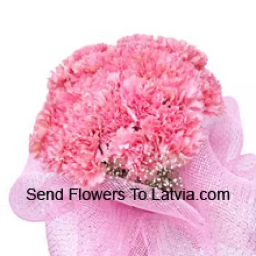 Un magnifique bouquet de 25 oeillets roses avec des remplissages saisonniers