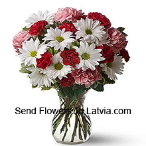 Red Carnations, Pink Carnations And White Gerberas With Seasonal Fillers In A Glass Vase -- 25 Stems And Fillers