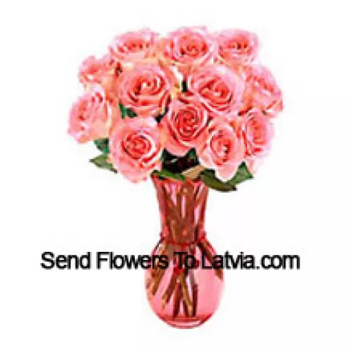 11 Pink Roses In A Glass Vase