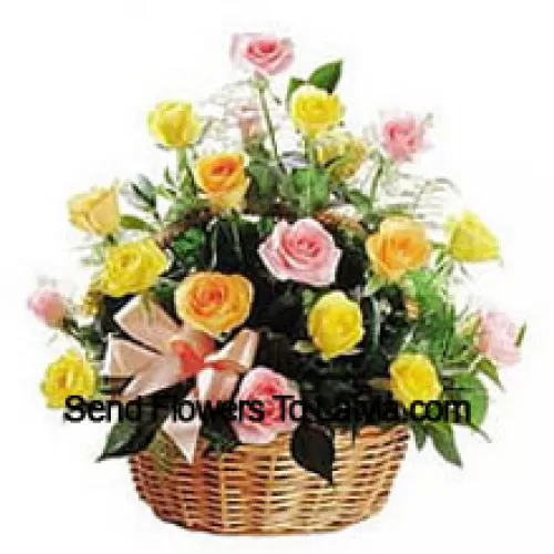 A Beautiful Basket Of 25 Mixed Colored Roses