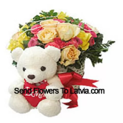 Basket Of 24 Mixed Colored Roses With A Medium Sized Cute Teddy Bear