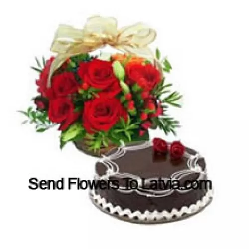Basket Of 11 Red Roses With 1 Kg Chocolate Truffle Cake