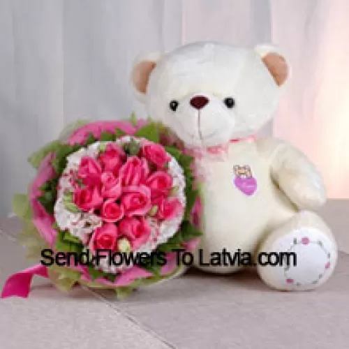 Bunch Of 11 Pink Roses And A Medium Sized Cute Teddy Bear