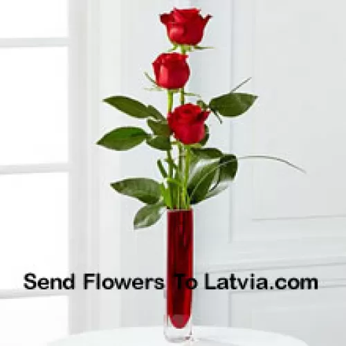 Trois roses rouges dans un vase en tube à essai rouge (Nous nous réservons le droit de substituer le vase en cas de non disponibilité. Stock limité)
