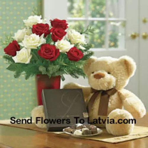 7 Red And 6 White Roses With Some Ferns In A Vase, A Cute Light Brown 10 Inches Teddy Bear And A Box Of Chocolates