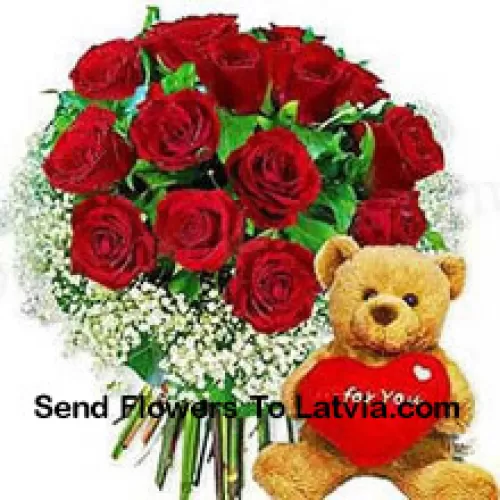 Bunch Of 11 Red Roses With Seasonal Fillers And A Cute Brown 8 Inches Teddy Bear