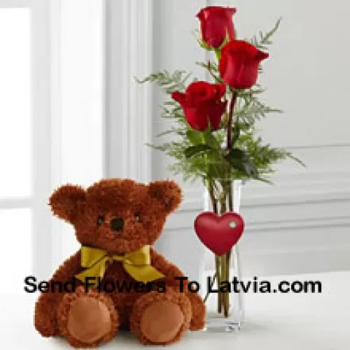 Three Red Roses In A Red Test Tube Vase And A Cute Brown 10 Inches Teddy Bear (We Reserve The Right To Substitute The Vase In Case Of Non-Availability. Limited Stock)