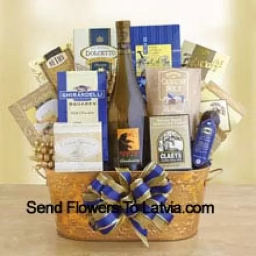 This Gift Basket features a bottle of Oaky Chardonnay  and the generous list of gourmet goodies includes: Dolcetto cookies, Ghirardelli chocolate squares, Three Pepper water crackers, Biscoff cookies, English tea cookies, Cashew Roca, chocolate chip cookies, cheese, cheese sticks, salami and chocolate fudge. (Contents of basket including wine may vary by season and delivery location. In case of unavailability of a certain product we will substitute the same with a product of equal or higher value)