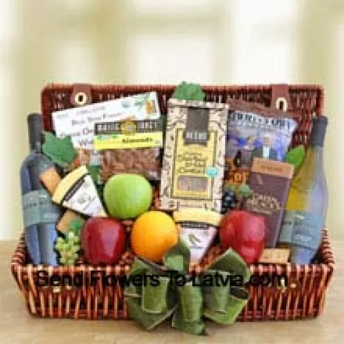 This Christmas Gift Basket includes Fresh fruits, such as crisp apples and juicy oranges, two organic creamy cheeses and stone ground crackers, two bottles of organic wine, premium roasted organic almonds, a bag of crispy chips and delicious Shortnin’ bread cookies. (Contents of basket including wine may vary by season and delivery location. In case of unavailability of a certain product we will substitute the same with a product of equal or higher value)