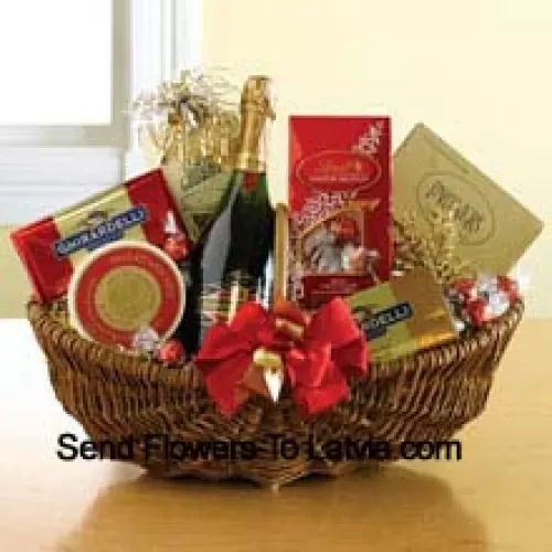 This Gift Basket Includes Domain Ste. Michele sparkling wine, Chocolate truffles assortment, 2 Ghirardelli classic chocolate bars, Toasted sesame crackers, Gourmet cheese and Mixed salted nuts. (Contents of basket including wine may vary by season and delivery location. In case of unavailability of a certain product we will substitute the same with a product of equal or higher value)