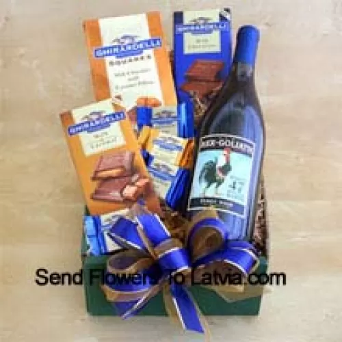This Gift Basket includes A bottle of fine California Cabernet, Ghirardelli chocolate squares and Ghirardelli chocolate bars in milk and caramel. (Contents of basket including wine may vary by season and delivery location. In case of unavailability of a certain product we will substitute the same with a product of equal or higher value)