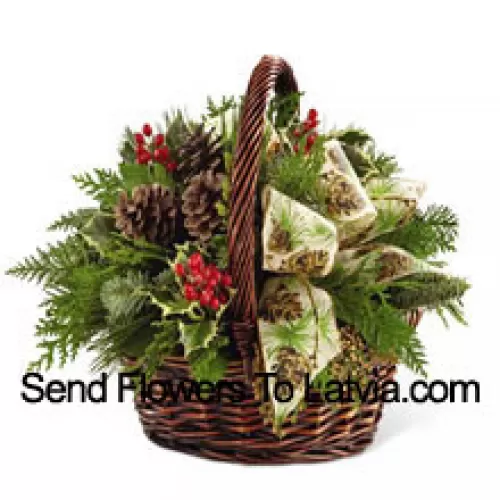 This Bouquet is an expression of holiday homecoming and heartfelt cheer. Assorted holiday greens, variegated holly, natural pinecones, red berry pics and cinnnamon sticks are lovingly arranged in a dark brown bamboo basket accented with an ivory holiday ribbon creating a seasonal sentiment of peace and goodwill. (Please Note That We Reserve The Right To Substitute Any Product With A Suitable Product Of Equal Value In Case Of Non-Availability Of A Certain Product)